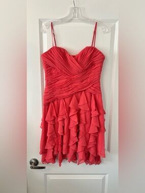 Max & Cleo Coral-Red Ruffle Mini Dress with Spaghetti Straps